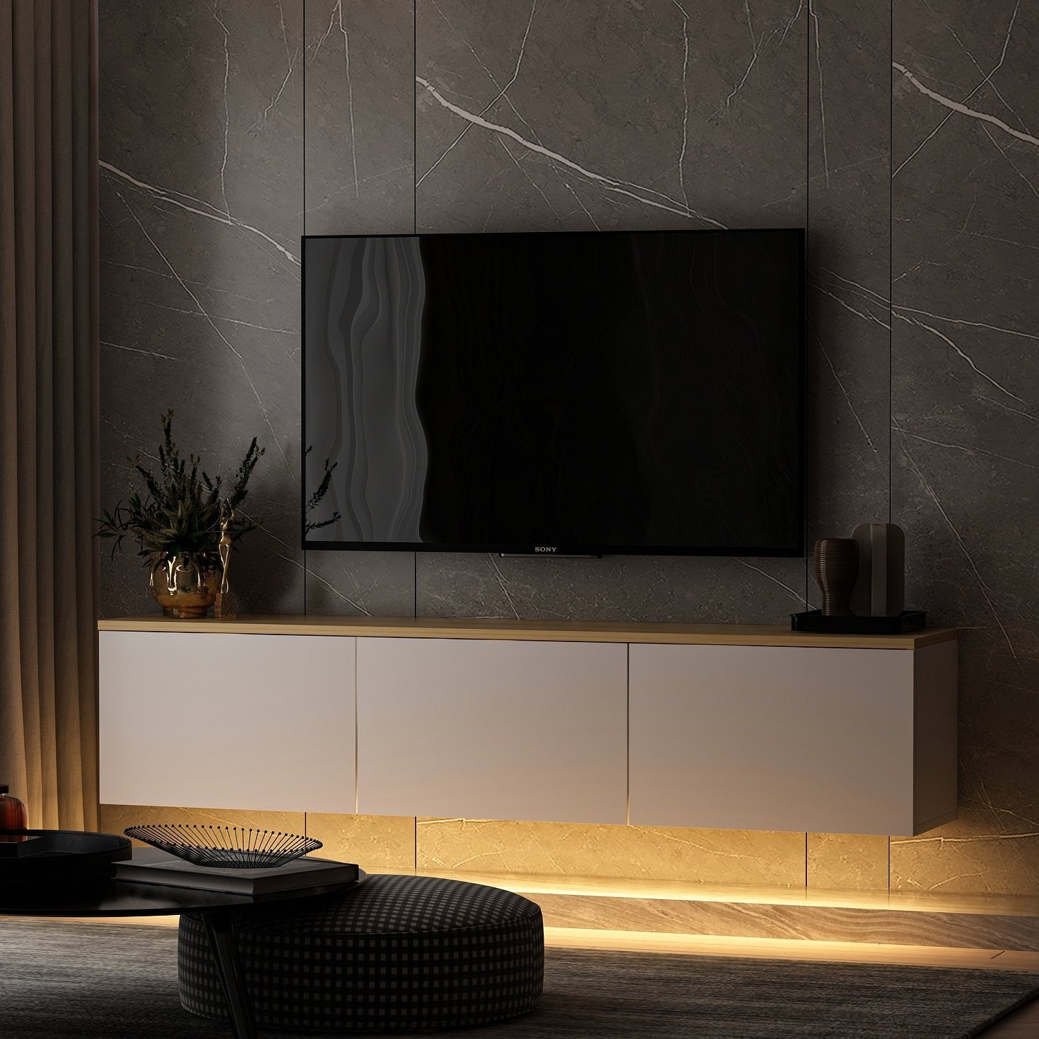 Mueble TV con luz LED Puno Blanco 160x32x35cm