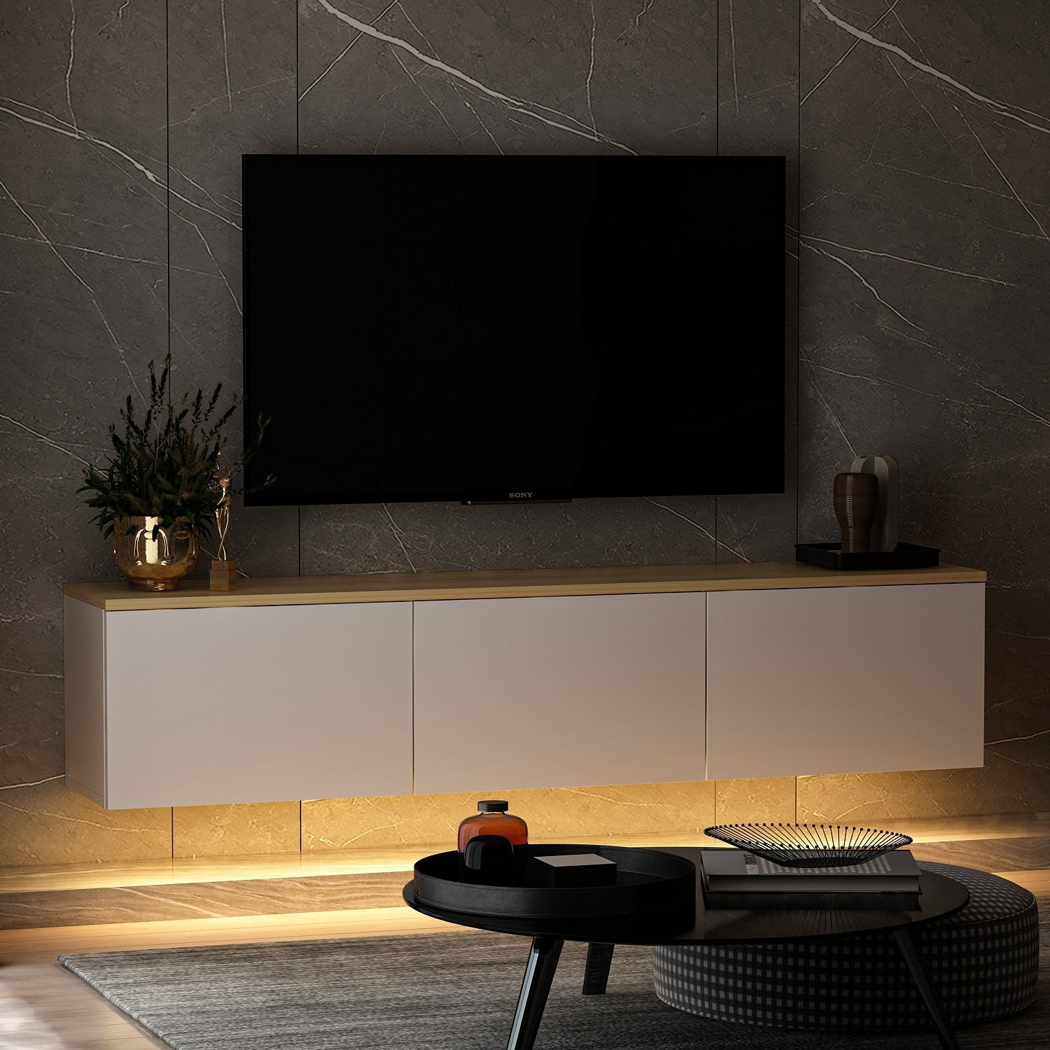 Mueble TV con luz LED Puno Blanco 160x32x35cm