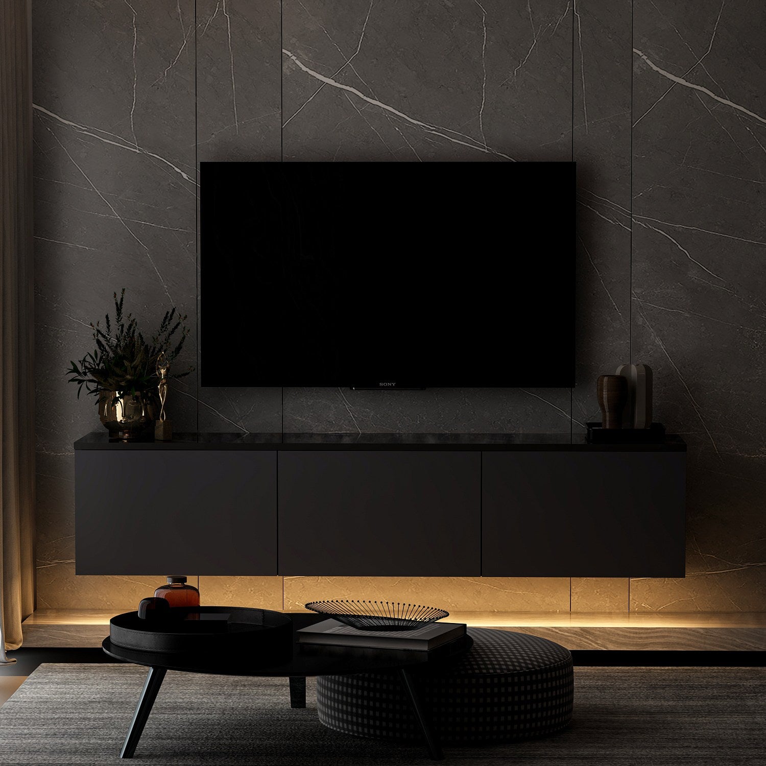 Mueble TV con luz LED Puno Negro 160x32x35cm