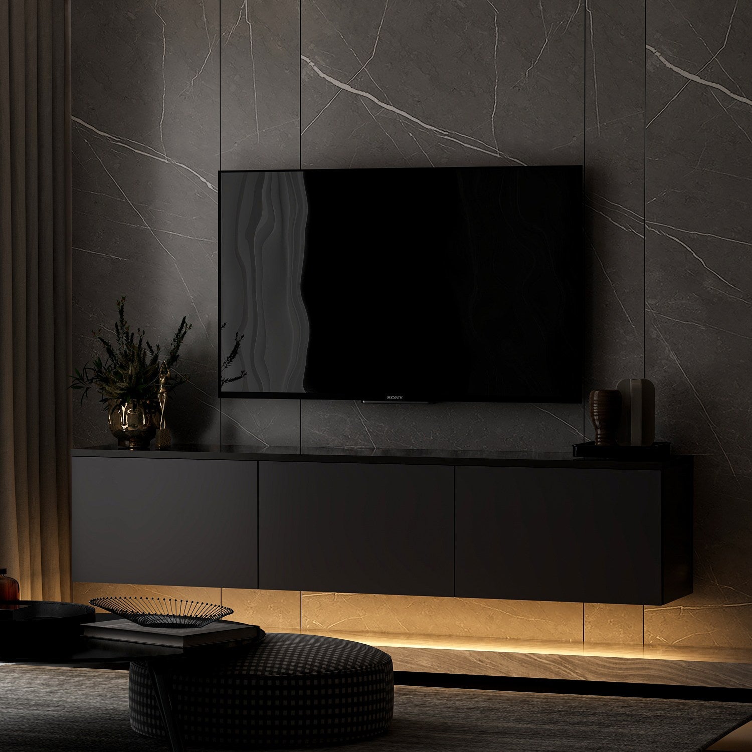 Mueble TV con luz LED Puno Negro 160x32x35cm