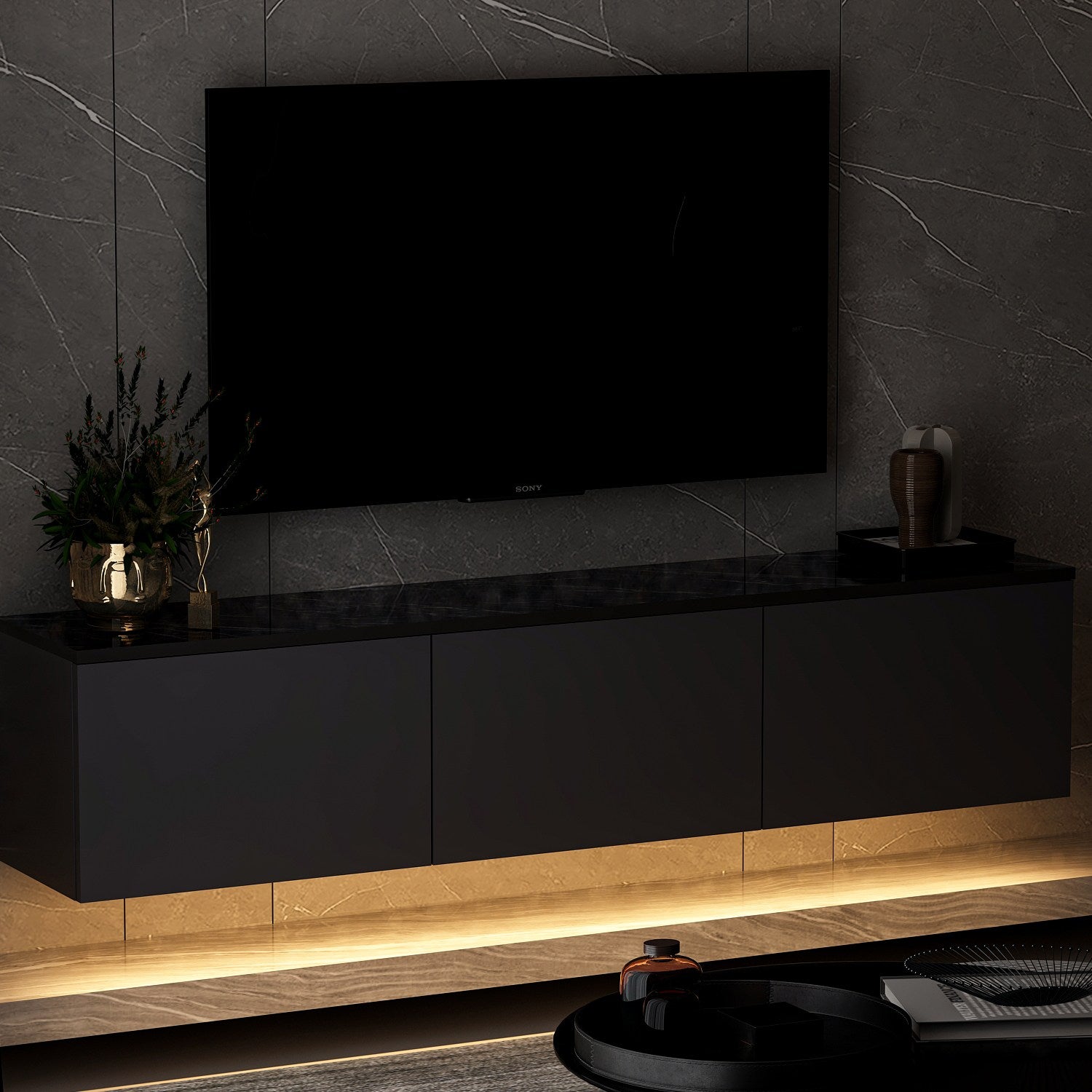 Mueble TV con luz LED Puno Negro 160x32x35cm