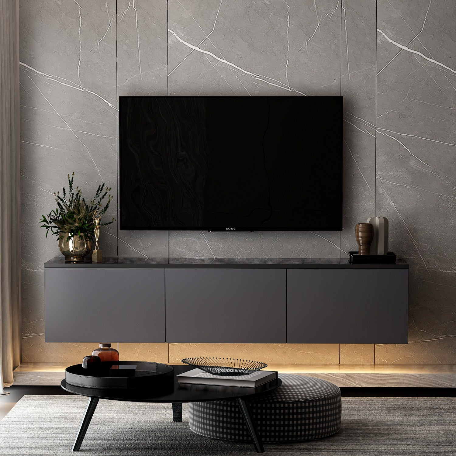 Mueble TV con luz LED Puno Negro 160x32x35cm