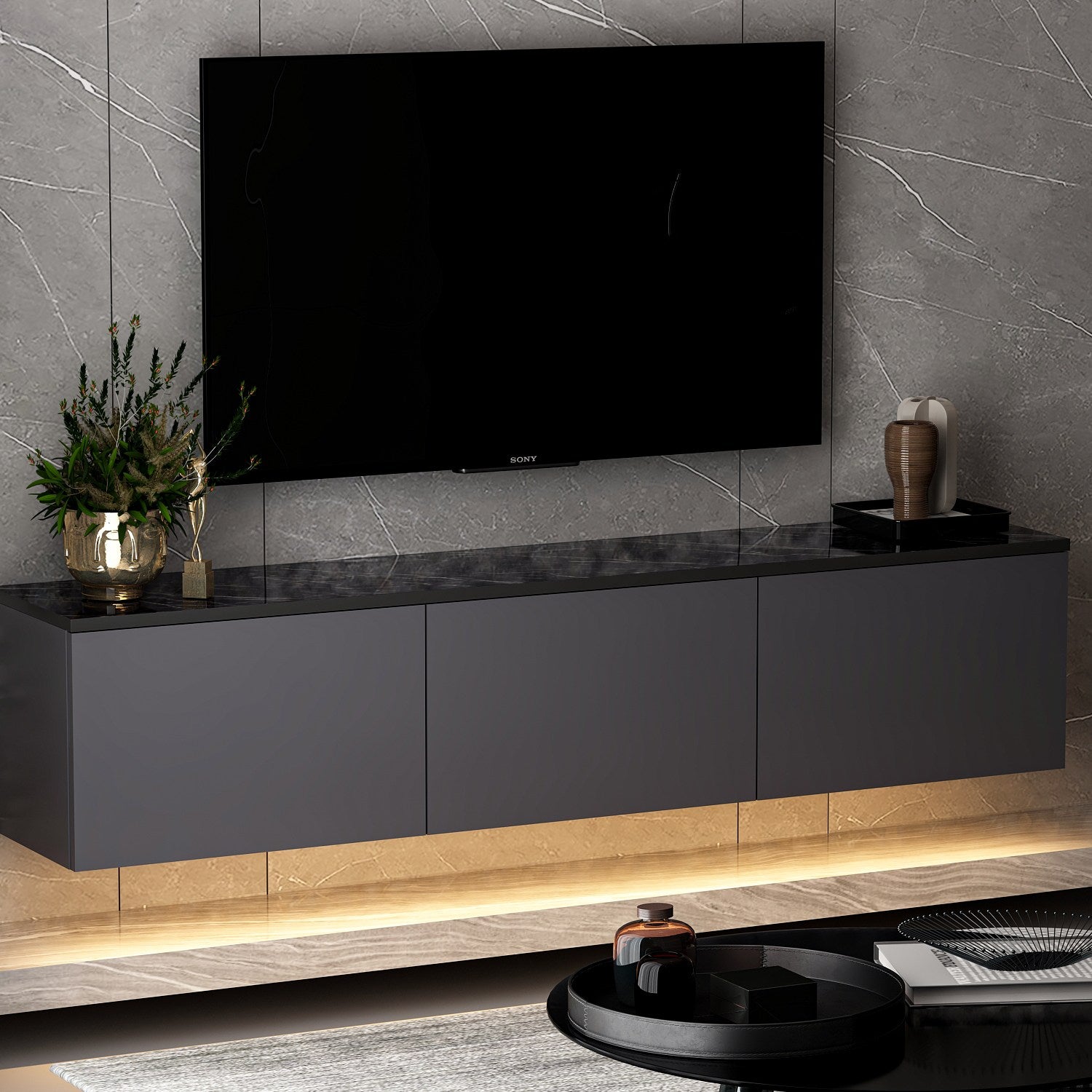 Mueble TV con luz LED Puno Negro 160x32x35cm