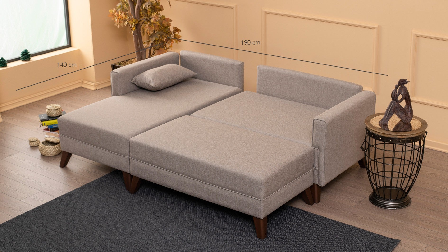 Sofá cama con chaiselongue Dieppe beige 205x140x85cm